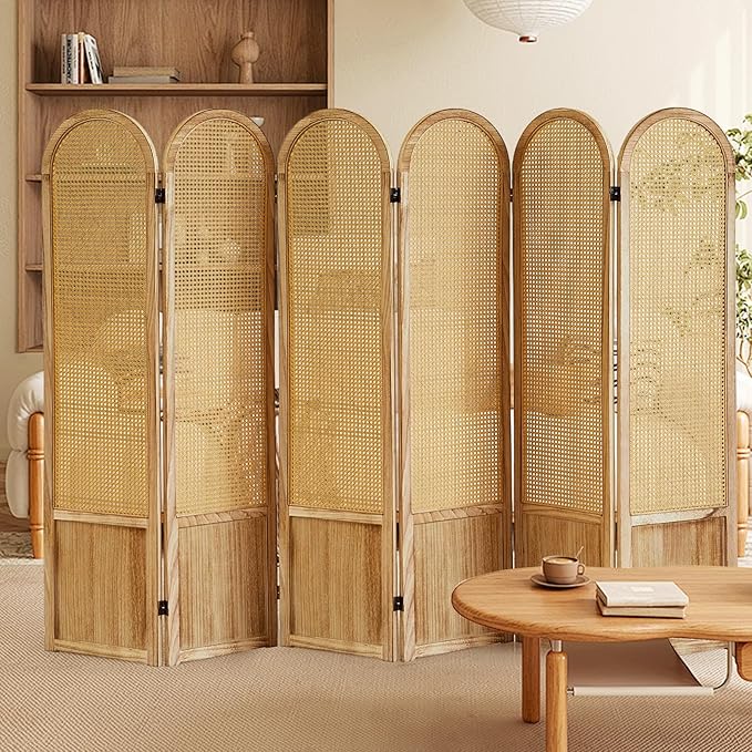 6 Panels Room Divider, Folding Privacy Screen, Foldable Wood Rattan Room Divider Panel, Portable Partition Screen Wall Divider for Room Separation Bedroom Home Office Garden Terrace (Natural)