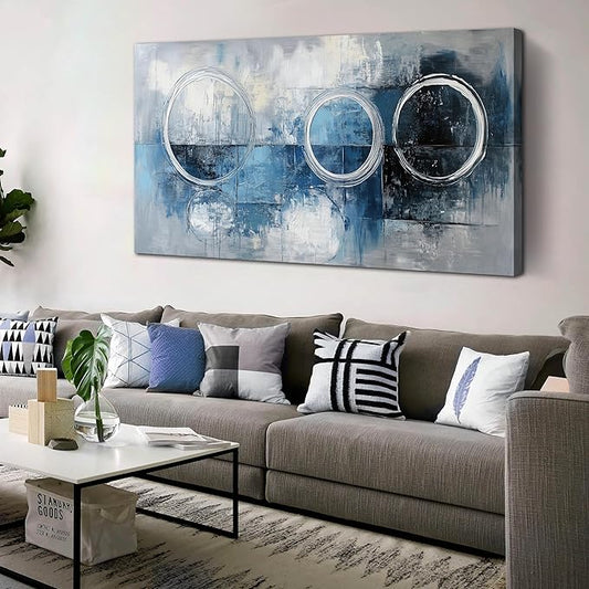 AOZEMI Blue Wall Decor for Living Room Office Abstract Canvas Wall Art Large Modern Picture Artwork Grey and White Circle Art 29" x 59"