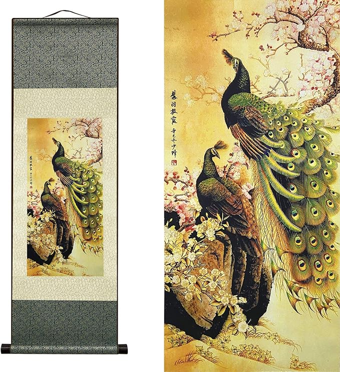 AtfArt Asian Wall Decor Beautiful Silk Scroll Painting Birds - Peacock - Cuiyu Pixia Oriental Decor Chinese Art Wall Scroll Wall Hanging Painting Scroll (36.2 x 12 in)
