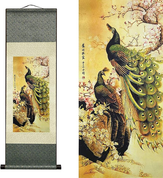 AtfArt Asian Wall Decor Beautiful Silk Scroll Painting Birds - Peacock - Cuiyu Pixia Oriental Decor Chinese Art Wall Scroll Wall Hanging Painting Scroll (36.2 x 12 in)