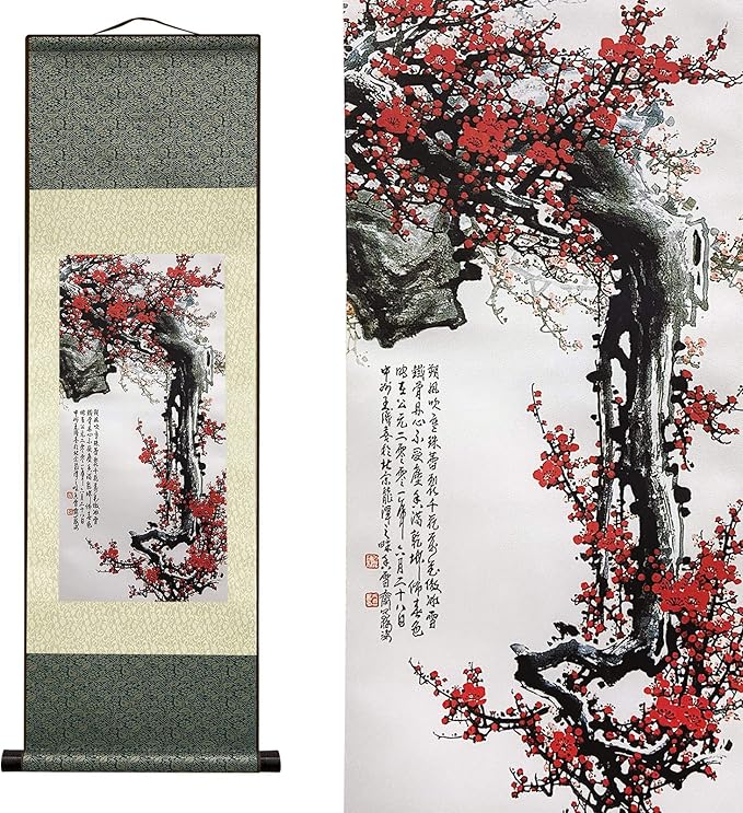 AtfArt Asian Wall Decor Beautiful Silk Scroll Painting Flowers - Proud Plum - Iron Heart Oriental Decor Chinese Art Wall Scroll Wall Hanging Painting Scroll (36.2 x 12 in)