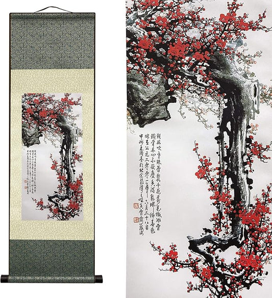 AtfArt Asian Wall Decor Beautiful Silk Scroll Painting Flowers - Proud Plum - Iron Heart Oriental Decor Chinese Art Wall Scroll Wall Hanging Painting Scroll (36.2 x 12 in)