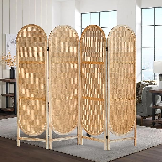 4 Panels Room Dividers Panel, Hand-Woven Rattan Room Divider Wall, Wood Room Divider and Folding Privacy Screens, Freestanding Room Partitions Screen for Home Office Bedroom, Light Brown