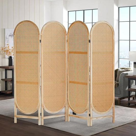 4 Panels Room Dividers Panel, Hand-Woven Rattan Room Divider Wall, Wood Room Divider and Folding Privacy Screens, Freestanding Room Partitions Screen for Home Office Bedroom, Light Brown