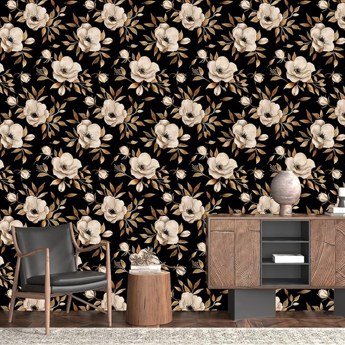 Black Floral Peel and Stick Wallpaper Gold Flowers Contact Paper Self-Adhesive Waterproof Vintage Dark Floral Wall Paper for Bedroom Shelf Liner Cabinet Stair 17.5"x118"