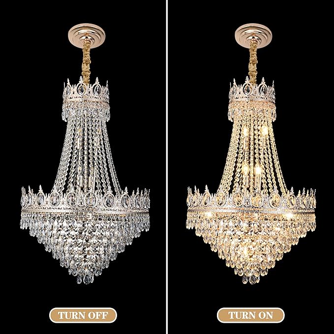 KoKo&Yukina Gold 23.6" French Empire Crystal Chandelier 14 Lights K9 Crystal Chandeliers Modern Farmhouse Crystal Chandeliers Adjustable Hanging Chandelier for Living Room Dining Room Bedroom