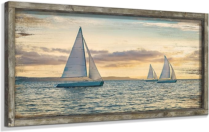 Ocean Framed Wooden Wall Art: Coastal Painting Art 40"x20" Sail Boats Artwork Decor Sunset Seascape Picture Prints for Office