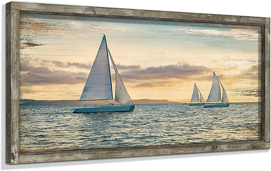 Ocean Framed Wooden Wall Art: Coastal Painting Art 40"x20" Sail Boats Artwork Decor Sunset Seascape Picture Prints for Office
