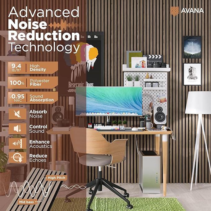 Avana Acoustic Wood Wall Panels – 94.4 x 12.6 Inch Natural Walnut Acoustic Panels 4 PCs – Wall Panels For Interior Wall Decor For Homes, Offices, Studios – Pleasing Decorative Wood Panels For Wall