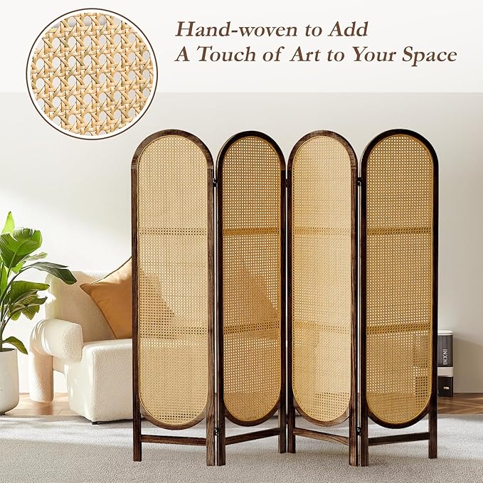 ALeesinwing 4 Panels Room Dividers, Hand-Woven Rattan Room Divider Panel and Folding Privacy Screens, Wood Room Divider Wall Freestanding Room Partitions Screen for Home Office Bedroom, Dark Brown