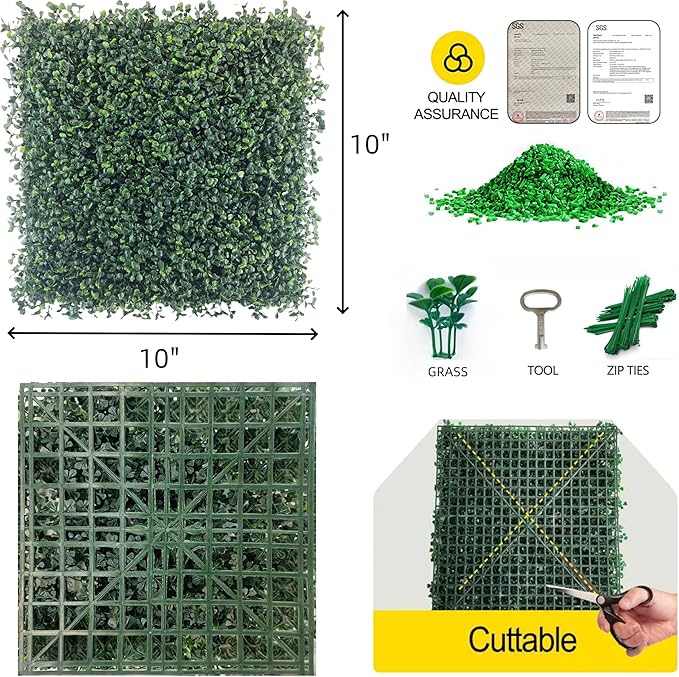 12Pcs 10"x10" Artificial Grass Wall Boxwood Panels Greenery Wall Backdrop Fake Hedge Wall Panels for Indoor Outdoor Garden, Grass Wall Decor Privacy Hedge Screen Patio Party Wedding
