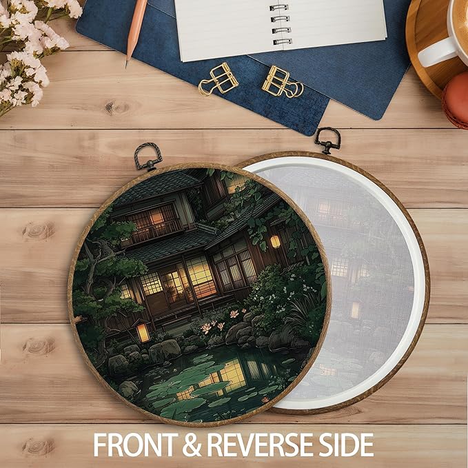 KTYHD Japanese Japandi Wall Art Decor, Traditional Japanese Garden Round Canvas Wall Art, Oriental Landscape Aesthetic Pond Scenery Walls Decor for Living Room Bedroom, Japandi Home Decor