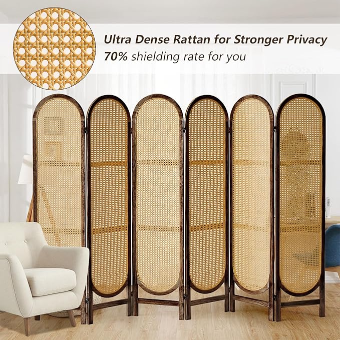 6 Panels Room Dividers and Hand-Woven Rattan Room Divider Wall, Wood Room Divider Folding Privacy Screens for Home Office Bedroom, Brown