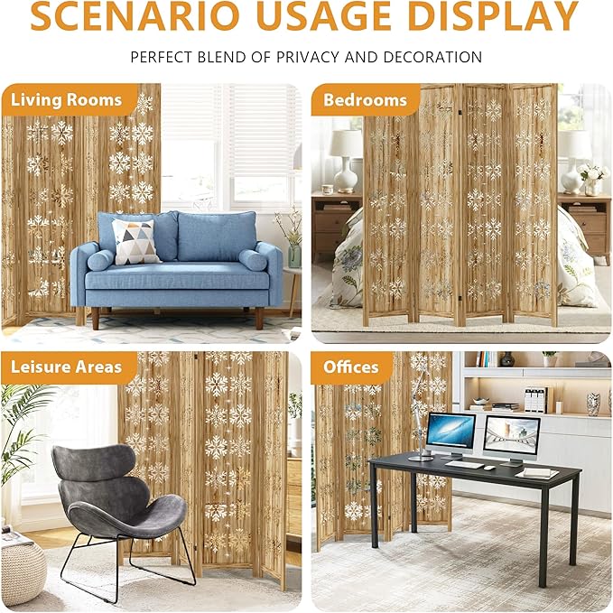 Casaphoria 6 Panels Room Divider, Folding Screen Room Divider with Snowflake Pattern for Home Office, Restaurant and Bedroom, Paulownia Wood, 95" W x 67" H (Natural)