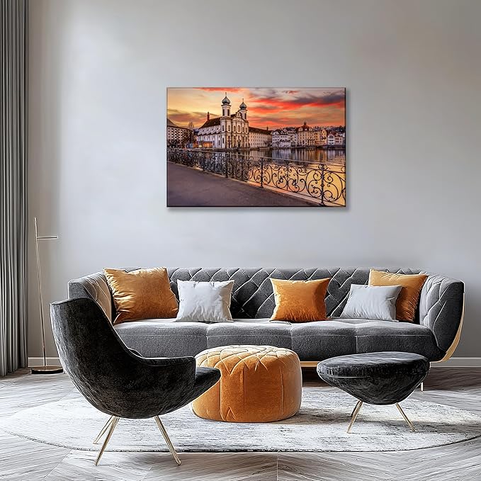 Mordern 1Pcs European Cityscape Canvas Wall Art Scenic Sunset Over River Cathedral with Domes Ready to Hang Architecture Romantic Travel Destination Decorative Framed Artwork for Living Rooms Bedrooms