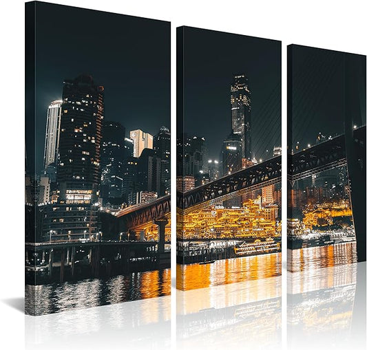 NAN Wind 3PCS Chongqing City Nightscape Canvas Wall Art Illuminated Chinese Skyline with Bridge Skyscrapers Modern Urban Landscape Photography Print for Living Room Office Bedroom Decor