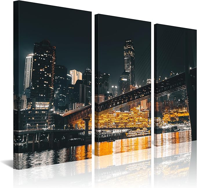 NAN Wind 3PCS Chongqing City Nightscape Canvas Wall Art Illuminated Chinese Skyline with Bridge Skyscrapers Modern Urban Landscape Photography Print for Living Room Office Bedroom Decor