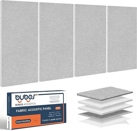 BUBOS 4 PCS Acoustic Panels,23.6''x11.8'' Fabric Soundproof Wall Panels,Self-adhesive Sound Absorbing Panels for Studios, Office, Home Theater,Fabric-Clad Grey