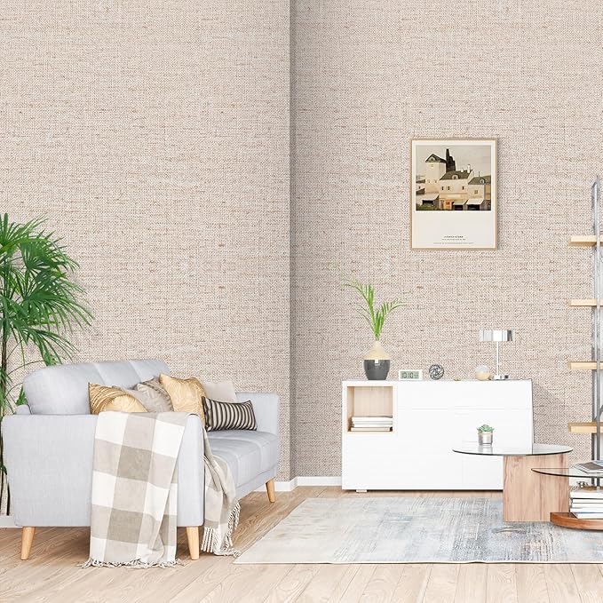 15.75"x787.4" Beige Grasscloth Wallpaper Peel and Stick Removable Textured Wall Paper Self Adhesive Contact Paper Faux Linen Cabinets Drawers Bookshelves Thickened Waterproof Shelf Vinyl Roll