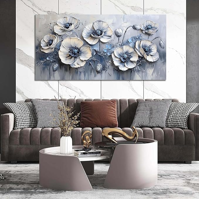 AOZEMI Floral Wall Art Bedroom Floral Picture Art Blue Canvas Wall Decor White Artwork for Living Room Office 29" x 59"