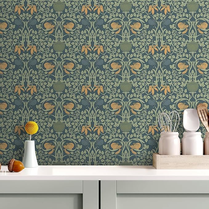 Livelynine 17.5x276 Dark Teal Floral Peel and Stick Wallpaper Vintage Brown Floral Navy Blue Green Flower Wall Paper Renter Friendly Retro Victorian William Morris Removable Contact Paper for Walls