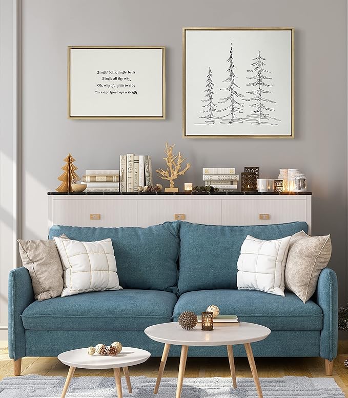 Kate and Laurel Sylvie Minimalist Evergreen Trees Sketch Framed Linen Textured Canvas Wall Art by The Creative Bunch Studio, 30x30 Gold, Chic Modern Art for Wall