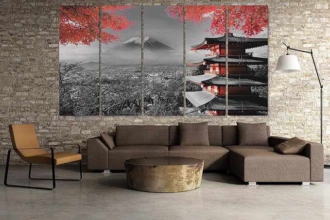 Japanese Temple in Autumn Black White Red Canvas Art Wall Art Home Decor (5 Piece Cinema)
