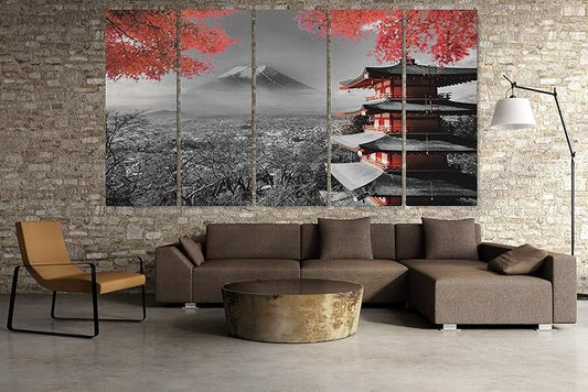 Japanese Temple in Autumn Black White Red Canvas Art Wall Art Home Decor (5 Piece Mega)