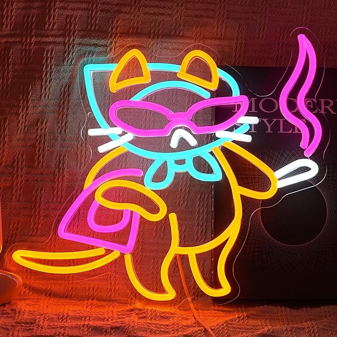 Lady Cat Neon Sign USB Powered Cool Glasses Cat LED Light Sign for Wall Decor Dimmable Fashion Kitty Neon Light for Bedroom Living Room Man Cave Bar Party Fashion Store Pet Shop