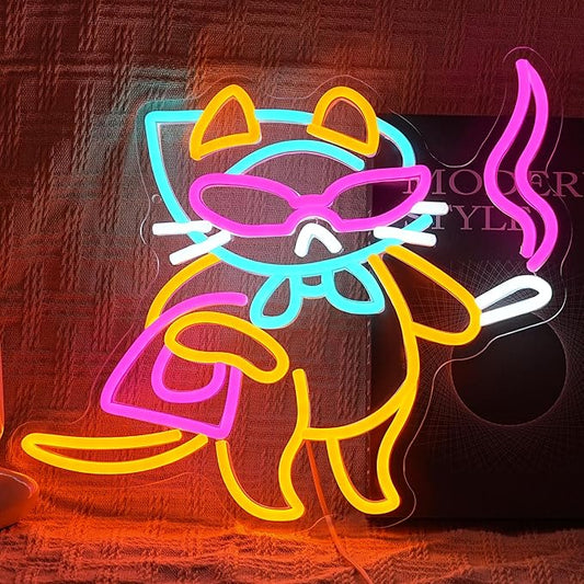 Lady Cat Neon Sign USB Powered Cool Glasses Cat LED Light Sign for Wall Decor Dimmable Fashion Kitty Neon Light for Bedroom Living Room Man Cave Bar Party Fashion Store Pet Shop