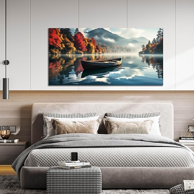 CANEITO View Wall Art for Living Room, Mountain Lake and Boat Wall-Decor for Bedroom, Natural Scenery Canvas Prints Pictures for Hallway Office, Size 59x29 Inches