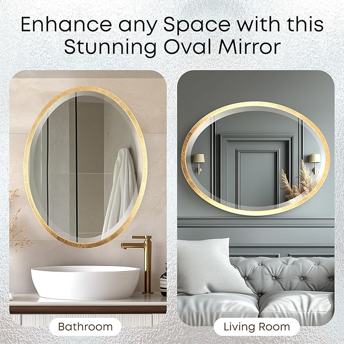 OVALCREST - Oval Wooden Beveled Wall Mirror for Home Decor, Bathroom, Vanity, Bedroom, Living Room, Hallway - London Style (Gold Leaf) 41.1 x 31.1