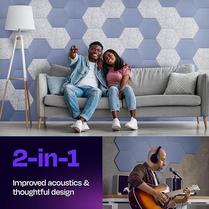 Acoustic Soundproof Wall Panels 12-Pack - 12"X10.4"X0.4" High Density Sound Dampening - [Dusky Gray Hexagon]