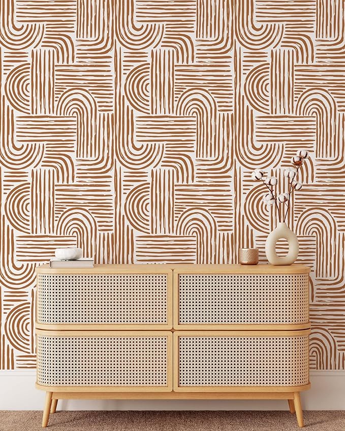 Minimalist Abstract Lines Wallpaper | Removable Self Adhesive Brown Boho Wallpaper | Geometrical Rounded Lines Peel and Stick Wallpaper (1 roll 24" W x 132" H)