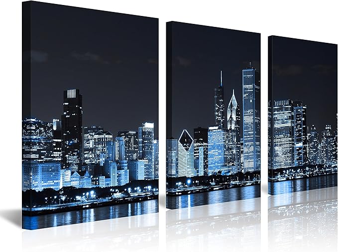 NAN Wind Chicago City Center Skyline Canvas Prints Modern Office Decor Chicago Skyline Canvas Art Cityscape Wall Decorations Blue Wall Decor for Living Room Pictures for Bedroom Decorations