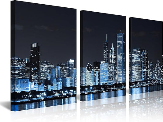 NAN Wind Chicago City Center Skyline Canvas Prints Modern Office Decor Chicago Skyline Canvas Art Cityscape Wall Decorations Blue Wall Decor for Living Room Pictures for Bedroom Decorations