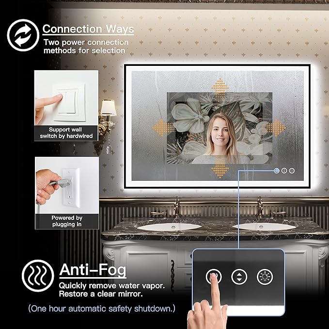 LED Bathroom Mirror 48x32- Lighted Vanity Mirror with Backlit and Front Light, Framed Dimmable Illuminated Mirror for Wall, Anti-Fog, Shatterproof, Memory, 3 Colors (Horizontal/Vertical)