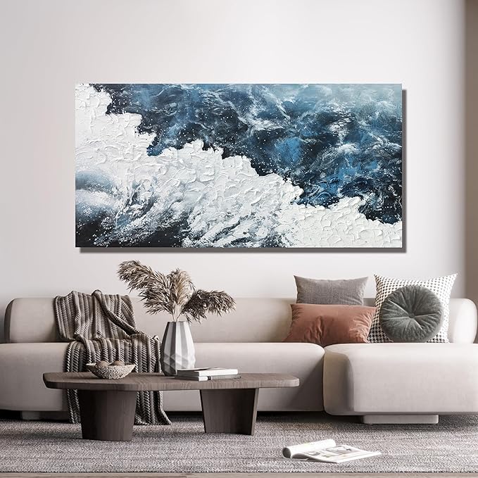 Canvas Wall Art Decor Abstract Canvas Wall Pictures for Living Room Large Blue White Wall Art Prints Beach Wave Artwork for Walls Coastal Modern Wall Art Decorations Home Office Wall Art Decor 20" X 40"