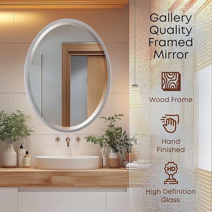 OVALCREST - Oval Wooden Beveled Wall Mirror for Home Decor, Bathroom, Vanity, Bedroom, Living Room, Hallway - London Style (Silver Spray) 17.1 x 13.1