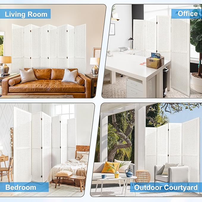 2 PCS Room Dividers 8 Panel Pegboard Display 5.6FT Wood PegBoard Room Divider, Folding Privacy Screens Portable Freestanding Partition Wall Divider for Art Shows & Room Separation, White