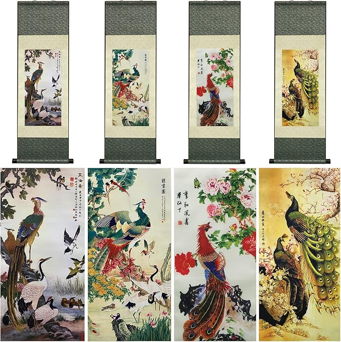 AtfArt 4 Pack Asian Wall Decor - Beautiful Silk Scroll Painting Birds - Phoenix Oriental Decor Chinese Art Wall Scroll Wall Hanging Painting (36.2 x 12 in)