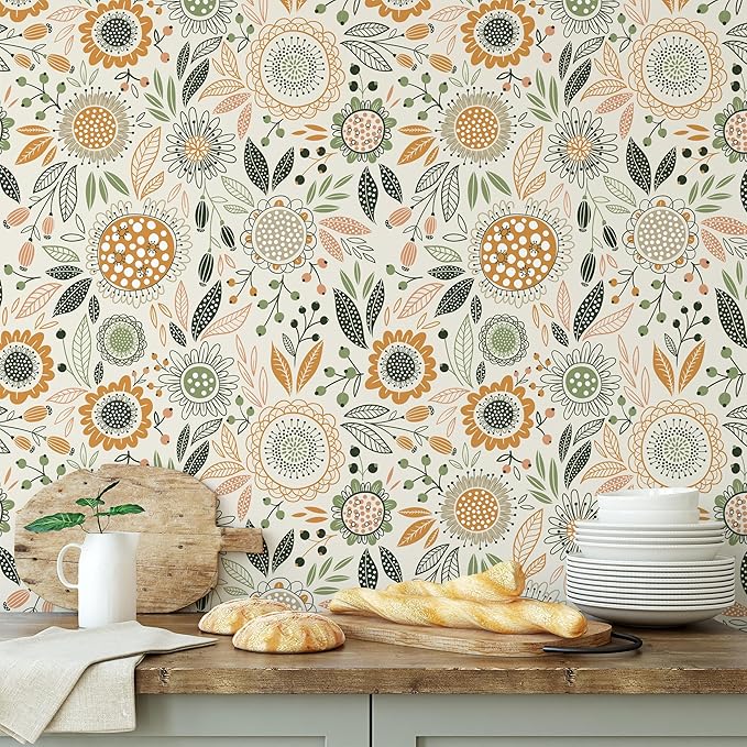 Boho Floral Garden Wallpaper/Peel and Stick Removable Wallpaper Home Decor Wall Art Wall Decor Room Decor (17.7''x118'')