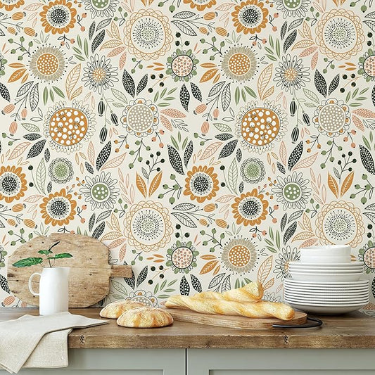 Boho Floral Garden Wallpaper/Peel and Stick Removable Wallpaper Home Decor Wall Art Wall Decor Room Decor (17.7''x118'')