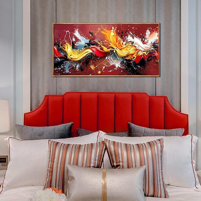 Ouzzlie Red Wall Art Gold Wall Decor Colorful Pictures Azure Blue Abstract Wall Art Decor 24"x 48" in Wall Paintings for Living Room