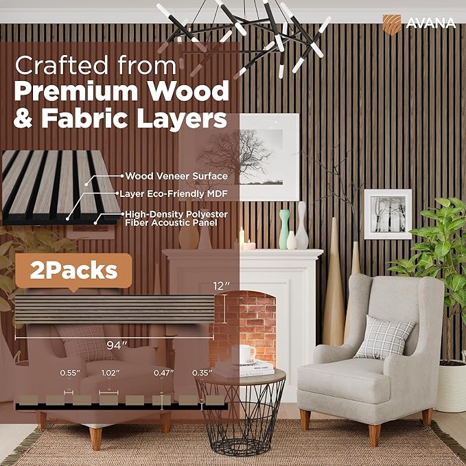 Avana Acoustic Wood Wall Panels – 94.4 x 12.6 Inch Natural Walnut Acoustic Panels 2 PCs – Wall Panels For Interior Wall Decor For Homes, Offices, Studios – Pleasing Decorative Wood Panels For Wall
