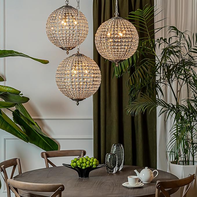 ALOADECOR 3-Light 16" Retro Antique Gold Crystal Globe Chandelier Sphere Cage-Style Shade Pendant Light for Kitchen Isl and Dining Room