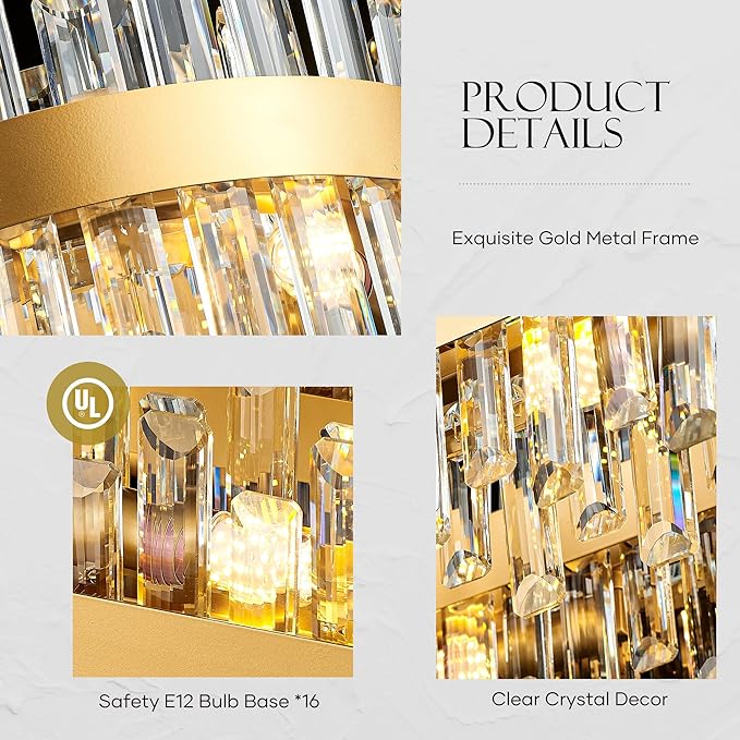 39" Modern Gold Rectangle Crystal Chandelier Light Fixtures for Kitchen Island Luxury Linear Crystal Chandeliers for Dining Room 16-Light Long Hanging Pendant Lighting for Entryway Foyer Bar
