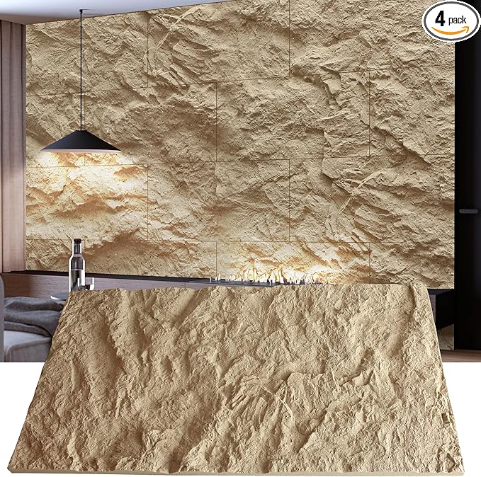KASARO 3D Faux Stone Wall Panels, 4 PCS PU Wainscoting Panel for Interior Wall Decor, Cement Texture Thicker Accent for Home, Office, 43.3 × 23.6 inch, Golden Hemp
