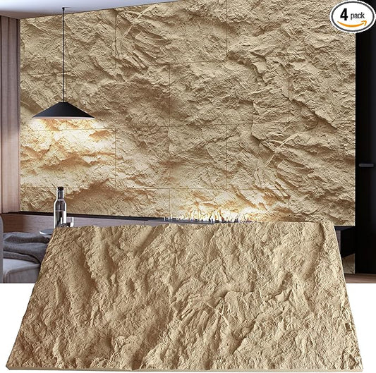 KASARO 3D Faux Stone Wall Panels, 4 PCS PU Wainscoting Panel for Interior Wall Decor, Cement Texture Thicker Accent for Home, Office, 43.3 × 23.6 inch, Golden Hemp