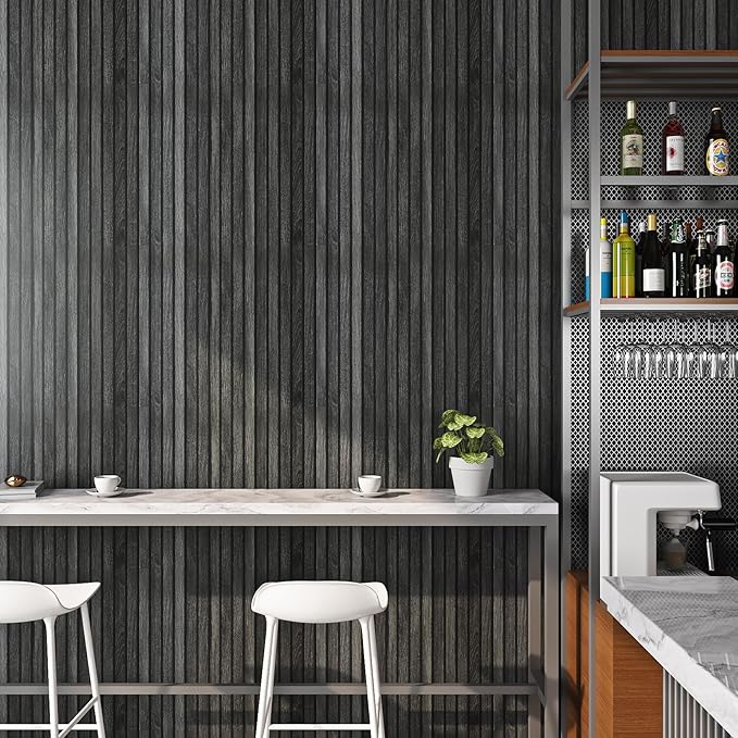 Livelynine Black Wood Slat Wallpaper Peel and Stick Black Faux Beadboard Wallpaper Renter Friendly Waterproof Wall Paper Modern Slate Contact Paper 15.8x78.8 3D Textured Wood Slat Wall Panel Roll